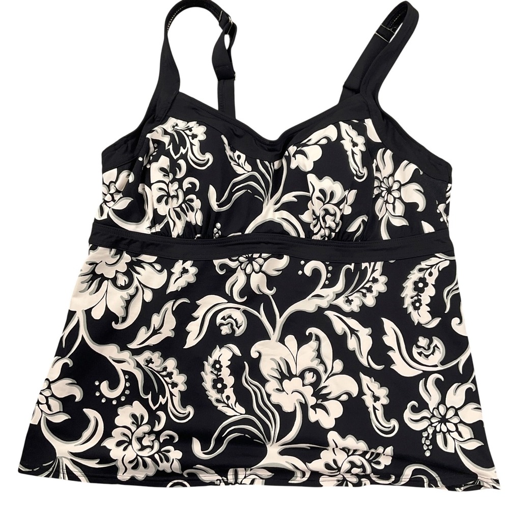 Lands End Black Tankini Top Women 16W Black White Floral Swim Top Underwire